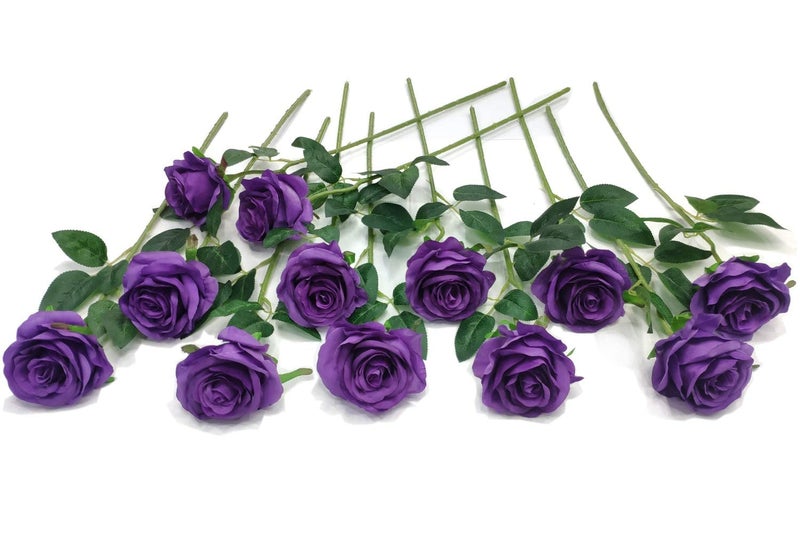 Laelfe 12 pcs Artificial Roses Flowers Long Stem Fake Silk Rose for Home Wendding Decorations (Purple) - Image 1